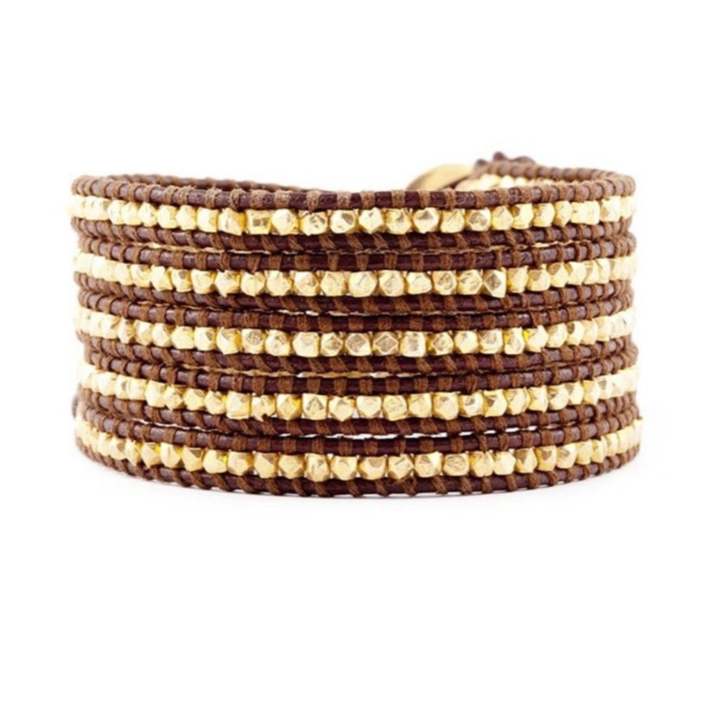 CL Yellow Gold & Brown Leather Wrap bracelet